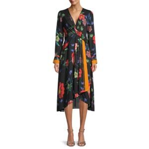 Women’s L Kobi Halperin Silk Floral Wrap Midi Dress NWT Black Multi